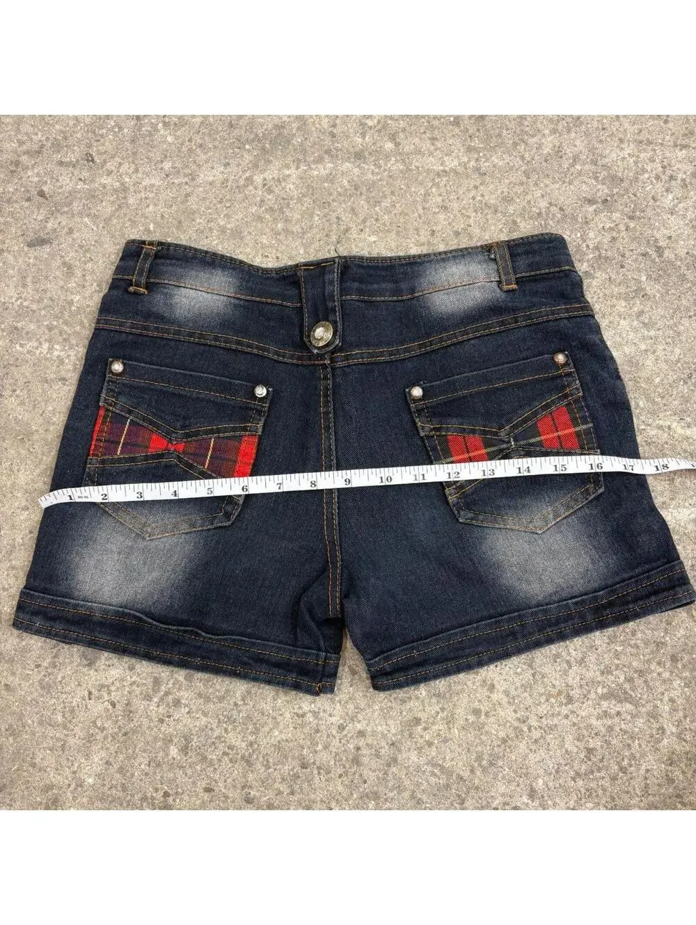 Vintage Y2K Low Rise Denim Shorts Dark Wash Button Front Plaid Pocket